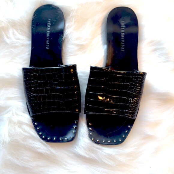 Women Freda Salvador Pure  Black Croc-Embossed Slides sz 7 - Picture 1 of 6